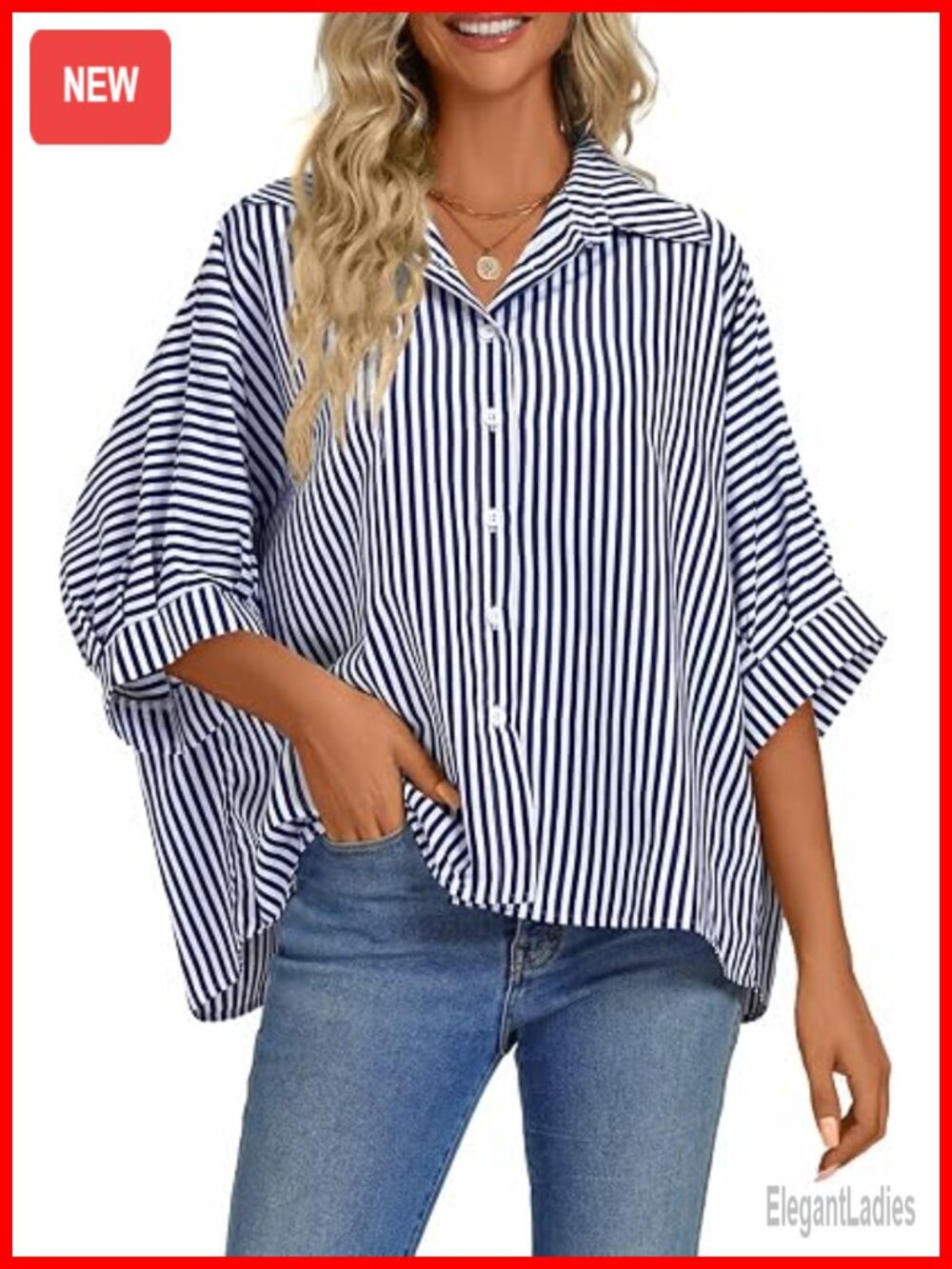 Striped Button Down V Neck Half Sleeve Blouse Top